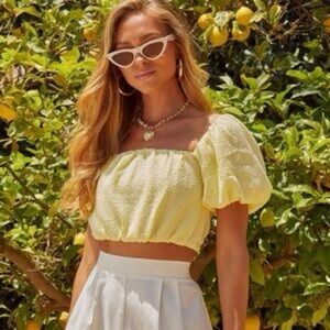 Vici Yellow Puff-Sleeve Square-Neck Crop Top